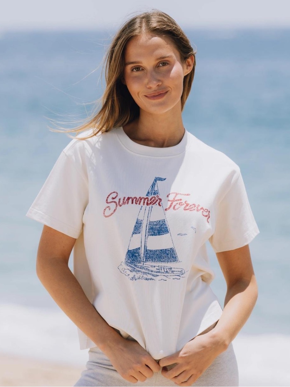 Daily Drills White 'Summer Forever' Graphic Tee with Blue Sailboat
